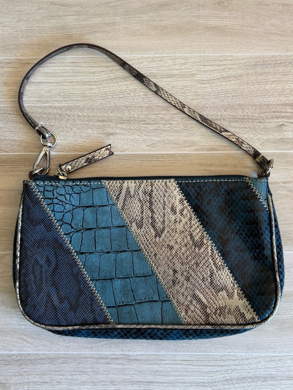 Y2K Style Faux Leather Baguette Purse EUC Blue & Silver Snakeskin Patchwork Chic